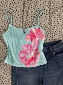 SHEIN EZwear 复古风热带粉色印花露背吊带背心，性感迷人，适合夏季外出穿着 - 彩色 - 查看 7