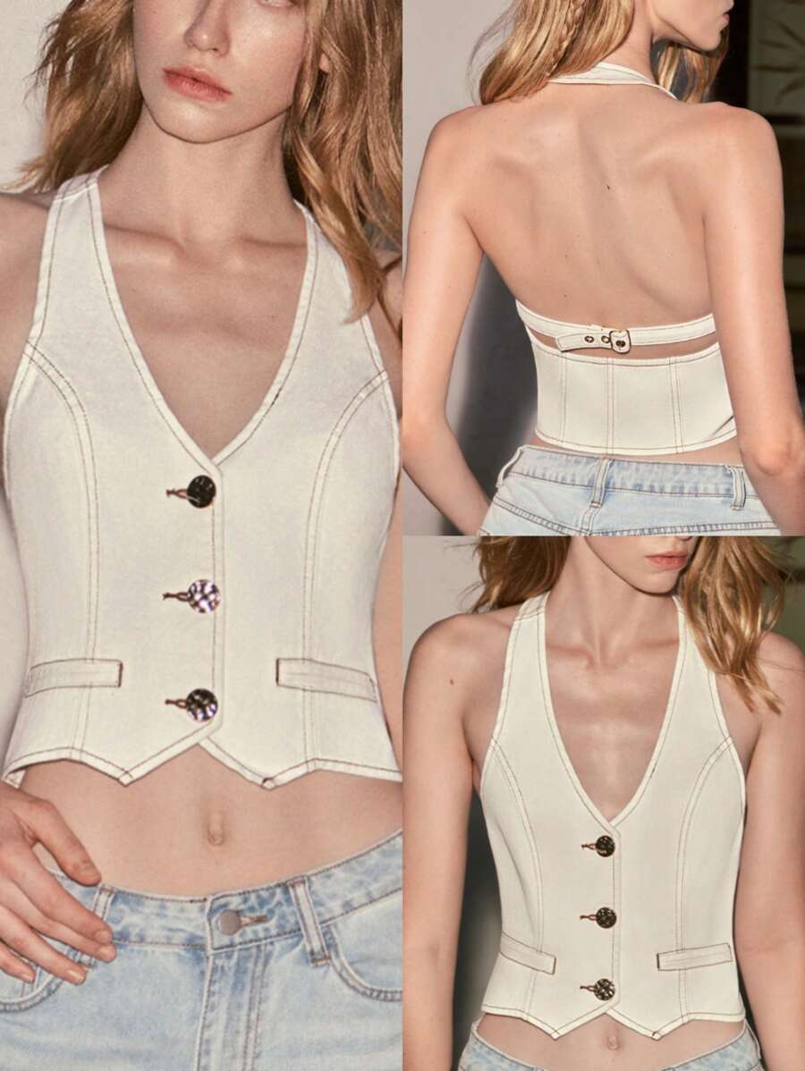 Lumivelle Women's Single-Breasted Casual Cropped Halter Neck Denim Shirt - White - View 1