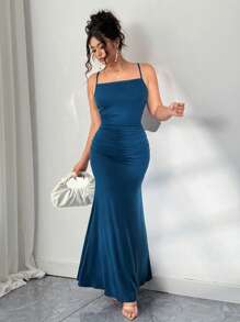 Elenzga Plus Size Elegant Sexy Backless Ruched Slim Fit Bodycon Dress - Teal Blue - View 3