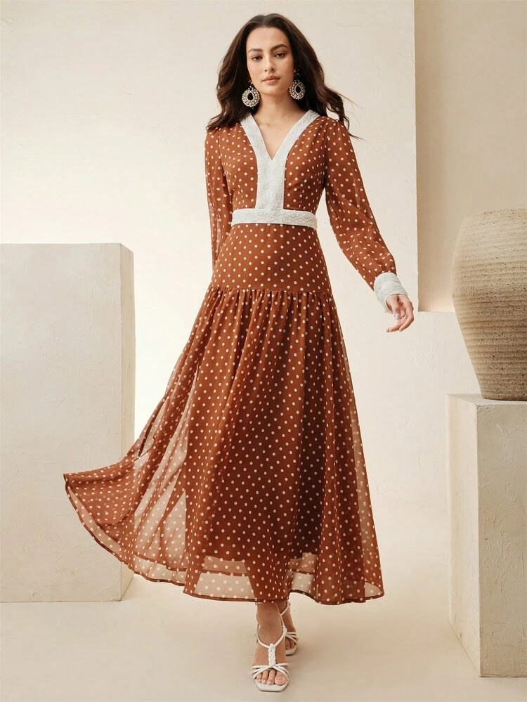 Women's Beaded V-Neck Fitted Long Dress With Oversized Hem
