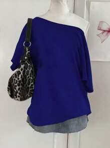 SHEIN EMERY ROSE CURVE 大码女式时尚蓝色 T 恤，采用 96 号和豹纹图案组合，不对称领口 - 彩色 - 查看 2