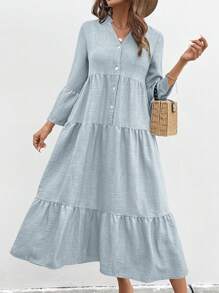 SHEIN LUNE Đầm suông rộng rãi đơn hàng khuy đơn cổ chữ V màu trơn cho nữ, trang phục maxi xuân hè cho nữ - Rửa nhẹ - Xem 3