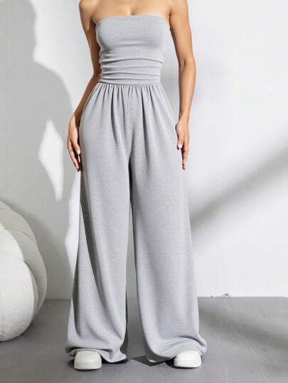 Teens' Casual All-Match Versatile Daily Home Strapless Bandeau Loose Wide-Leg Solid Color Knit Jumpsuit