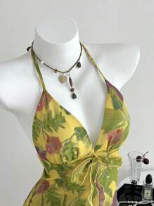 SHEIN Unity 女式花卉印花荷叶边挂脖休闲背心 - 彩色 - 查看 1