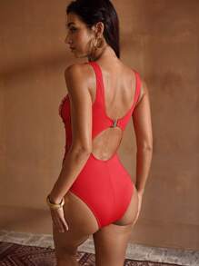 MOTF PREMIUM 1 bộ đồ bơi liền mảnh lấy cảm hứng từ ren thêu bãi biển mùa hè - Đỏ - Xem 3