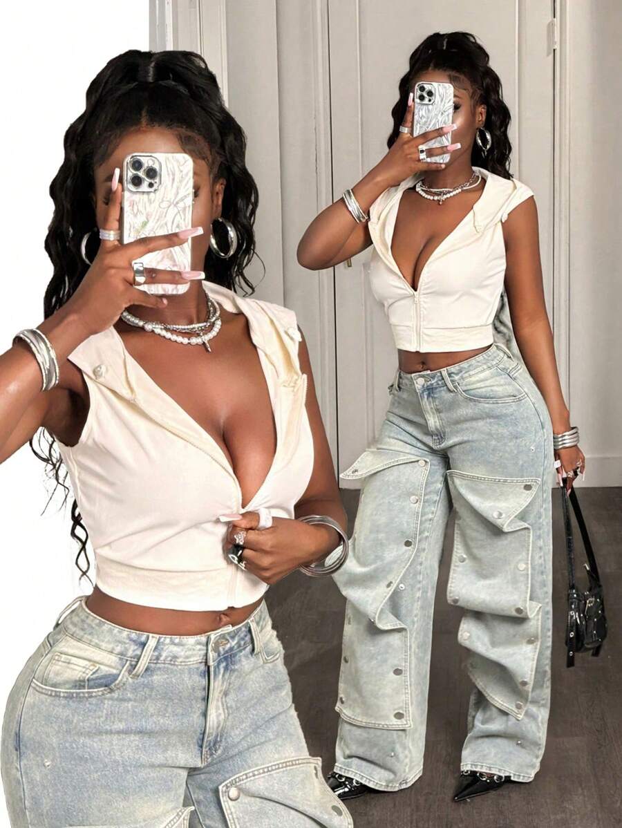 BamGleam 夏季女式无袖连帽防晒运动衫，休闲修身短款上衣，物理防紫外线轻质透气运动衫，毕业、教师、返校套头衫秋季 - 杏色 - 查看 1