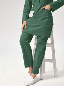 TaskEZ Solid Color Pocket Designed Long Sleeve Top And Long Pants Nursing Scrub Uniform Set, Women Scrub Sets, Nursing Scrubs, Women Workwear Scrubs - Army Green - View 7