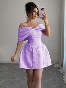 Rafferiza Váy ngắn vải Jacquard cổ nơ trễ vai cho nữ, Xuân/Hè - Màu tím - Xem 4
