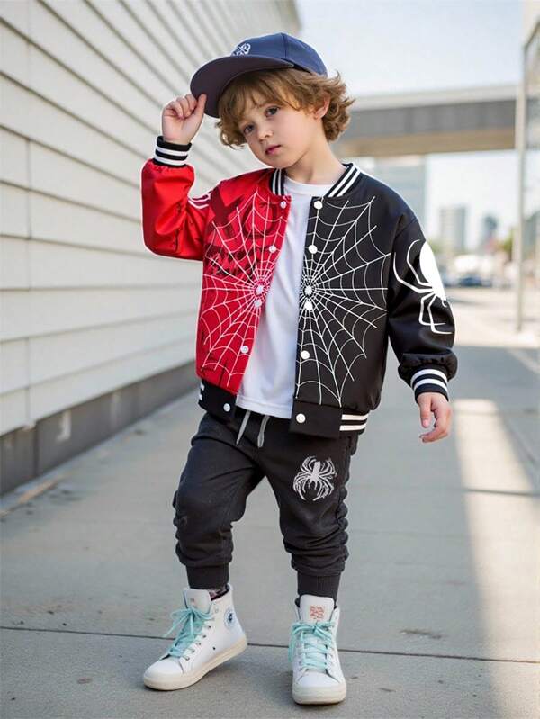 1pc Young Boy Casual Minimalist Spider Print Long Sleeve Jacket, Suitable For Vacation, Holiday, Travel, Relaxation, Sunbathing, Campus, Summer