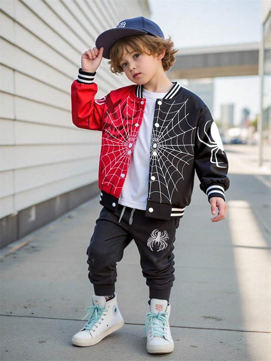 SHEIN 1pc Young Boy Casual Minimalist Spider Print Long Sleeve Jacket, Suitable For Vacation, Holiday, Travel, Relaxation, Sunbathing, Campus, Summer Fall Winter