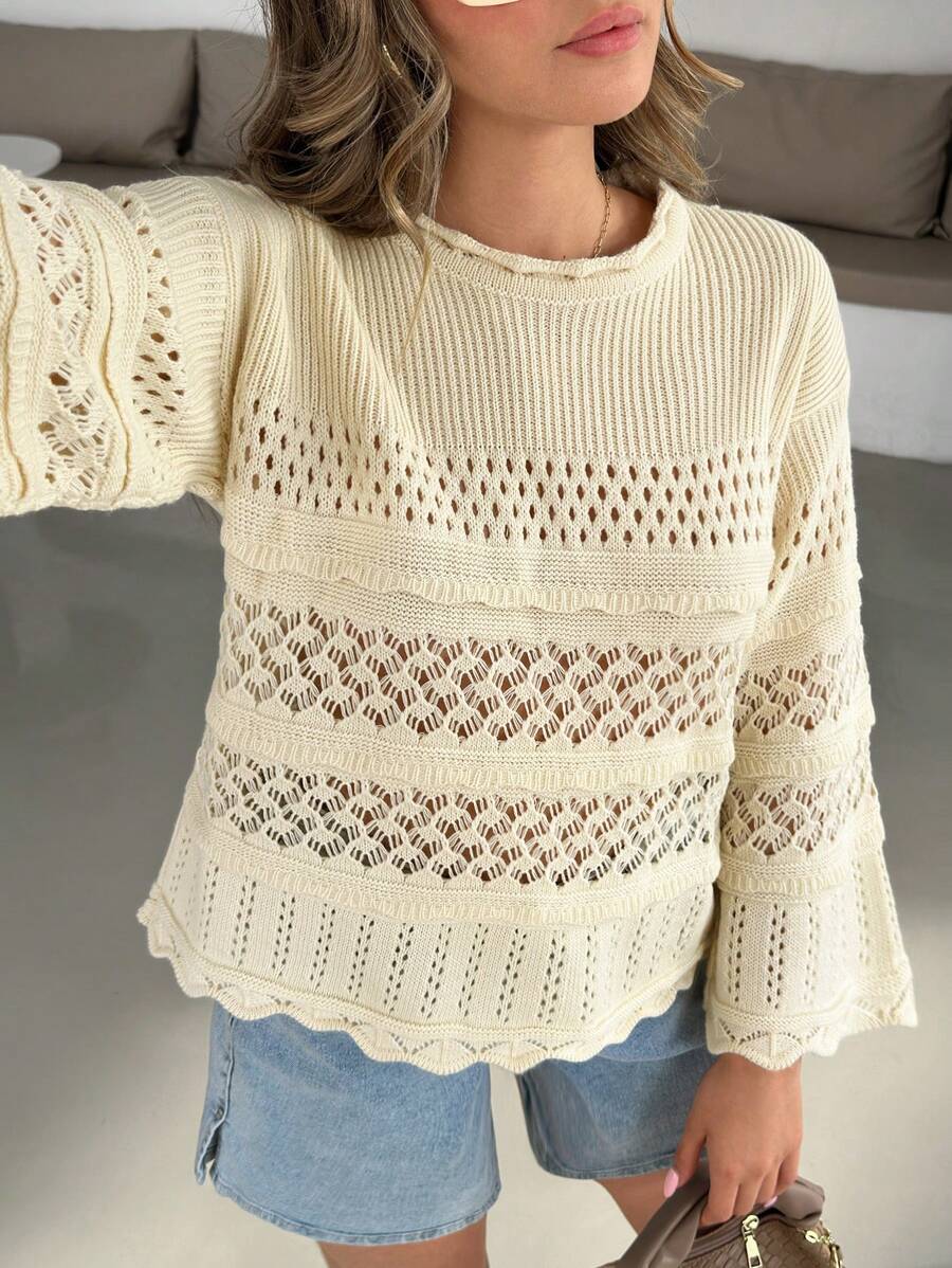 EURMUSE Pulover croșetat pentru femei, culoare uni, cu decupaj, guler rotund și mânecă scurtă, jumper, jumper crem, pulovere, jumper negru, pulover pentru femei, jumper alb, pulover pentru femei, pulovere pentru femei, haine de iarnă - Bej - Vizualizare 1