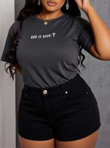 SHEIN Plus Size Letter Print Casual Versatile Round Neck Short Sleeve T-Shirt, Summer - Grey - View 1