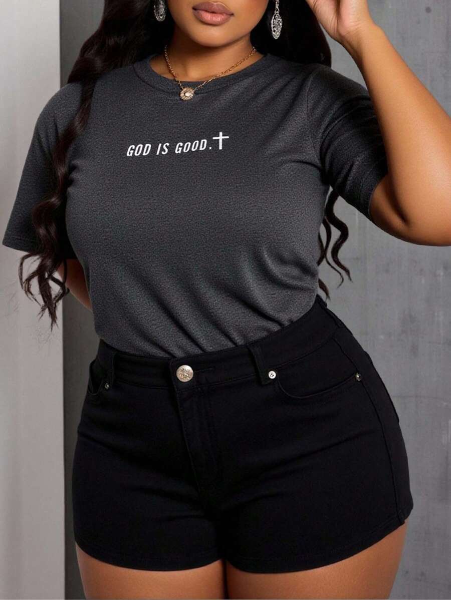 SHEIN Plus Size Letter Print Casual Versatile Round Neck Short Sleeve T-Shirt, Summer - Grey - View 1