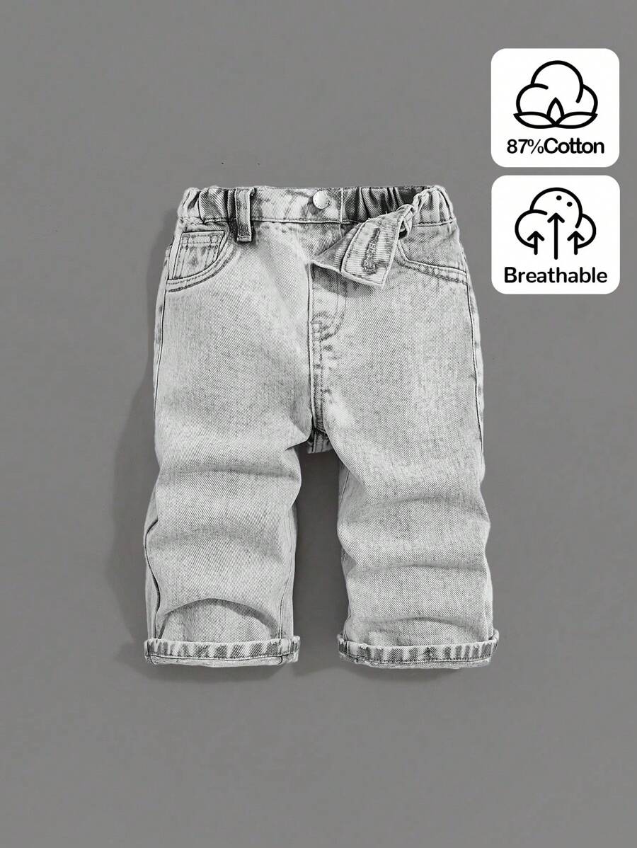 SHEIN Baby Jungen Baby Mädchen Neue Mode Lässig Bequem Weich Süß Modisch Stonewashed Locker Sitzende Baggy Hellgraue Jeans, Lässig und Vielseitig für Baby Kleidung Jungen Kostüm Alltags Tragen Baby Vier Jahreszeiten Kleidung Baby Jungen
