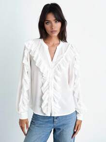 Maija 2025 Blusa Elegante com Decote em V, Manga Longa e Babado para Mulheres, Adequada para Férias de Primavera/Verão, Mês do Orgulho, Design Elogioso e Versátil, Confortável de Usar. Verão Branco para Mulheres, Férias na Praia, Aniversário, Professores, Férias de Verão, Verão Europeu, Praias para Mulheres, Férias na Praia - Branco - Visão 6