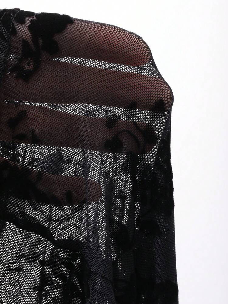 Sheer Mesh Floral Printed Flocked Asymmetric Shoulder Long Sleeve Blouse For Women,Fall Women Clothes Valentine's Day