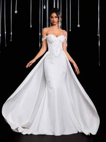 Glamrae 优雅奢华的露肩白色连衣裙，饰有精美亮片，高腰修身美人鱼轮廓，配有可拆卸的超长缎面裙裾，可调节后背带，适合海滩、草坪、教堂婚礼，百搭新娘礼服 - 白色 - 查看 3