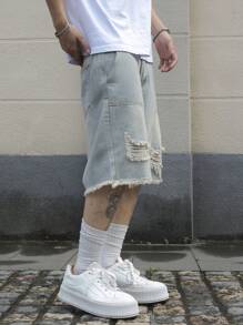 Manfinity EMRG 男士口袋做旧毛边宽松牛仔百慕大短裤 男士做旧牛仔短裤
