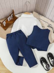 SHEIN Bộ đồ vest 3 món cho bé trai, áo vest hai hàng khuy + quần thường ngày + nơ đen, không bao gồm áo sơ mi, thời trang, thanh lịch, đẹp trai, vải thoải mái, phù hợp cho mùa xuân/thu, tốt nhất để mặc hàng ngày, tiệc tùng, đám cưới, lễ rửa tội, biểu diễn, sự kiện - Màu xanh hải quân - Xem 2