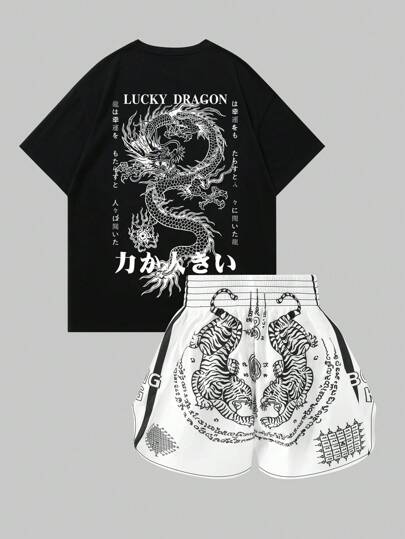 Anime Conjunto informal de 2 piezas de camiseta de manga corta con estampado de dragón y frase + pantalones cortos para hombre