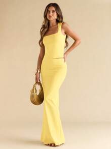 SHEIN BAE 夏季海滨度假纯色酒红色节日方领弹力上衣套装裙套装音乐节服装乡村音乐节服装演唱会服装返校季服装婚礼伴娘服装婚礼季服装 - 黃色 - 查看 4