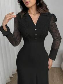 Modelyn Elegantes figurbetontes Kleid mit einfarbiger Knopfleiste, Meshstoff-Einsätzen und Langarm