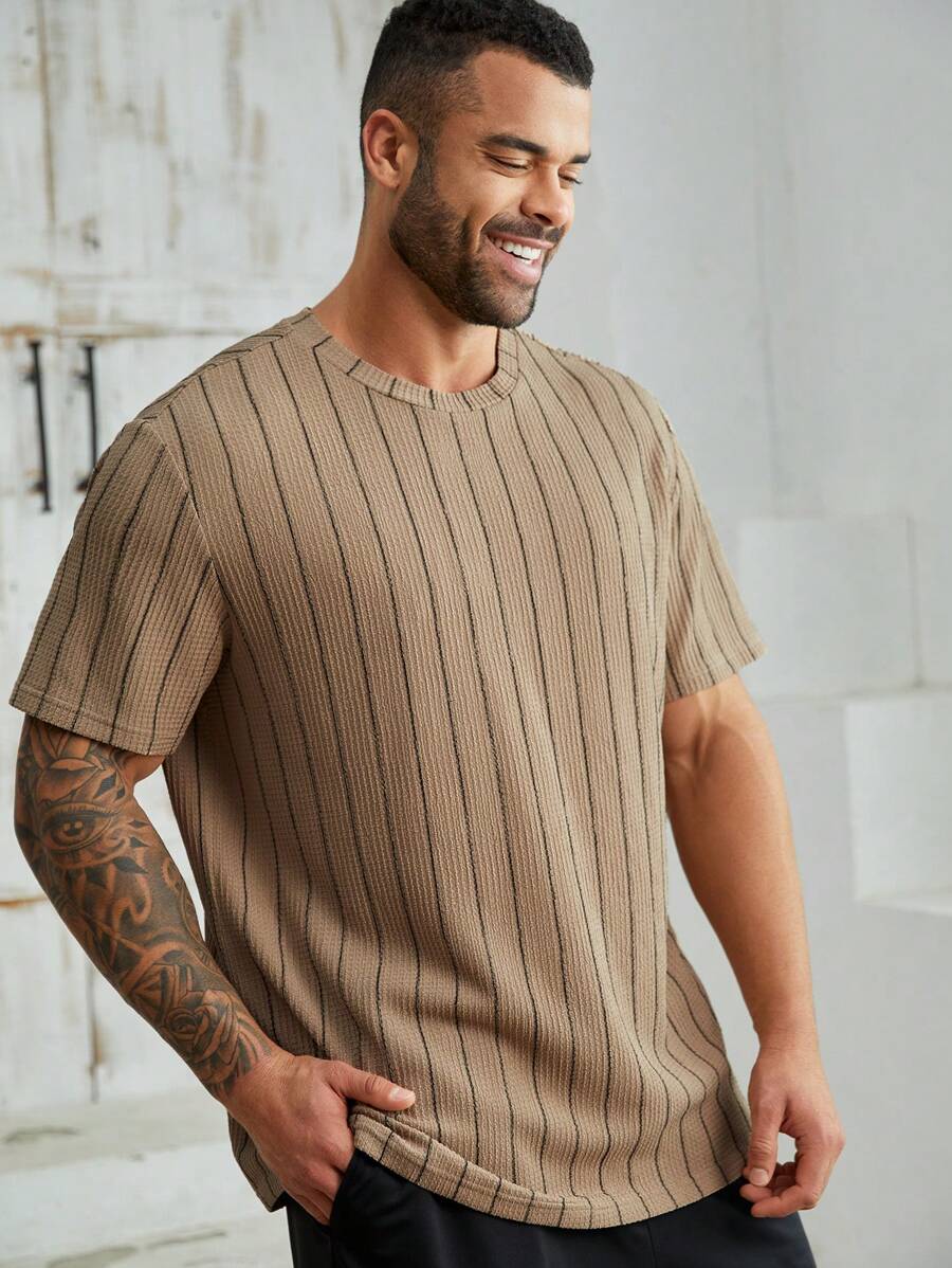 EASEVO Camiseta casual de verano de manga corta de punto a rayas para hombre de talla grande - Caqui - Ver 1