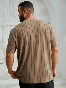 EASEVO Camiseta casual de verano de manga corta de punto a rayas para hombre de talla grande - Caqui - Ver 2