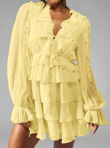 MISSGUIDED Ruffle Tiered Mini Dress Balloon Long Sleeve Chiffon Spring Summer Wedding Guest Party Occasion Boho Evening Wear - Yellow - View 5