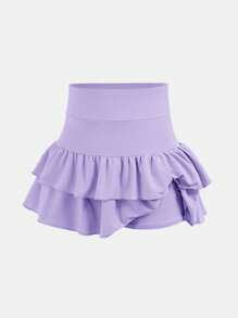 SHEIN Niña preadolescente Falda mini de unicolor de punto con volantes y shorts incorporados, Moda Y2K, Chica elegante, Vuelta al colegio - Púrpura malva - Ver 5