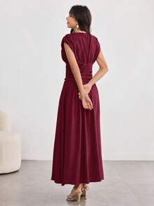 Modelyn Women's Elegant Long Dress With Ruched Design, Fashion Flair Flared Hem, Spring/Summer - Red Violet - View 2