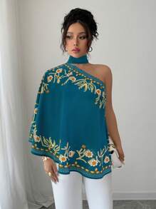 Rafferiza Blusa elegante de mujer con un hombro, manga de murciélago, bajo asimétrico y con lazo