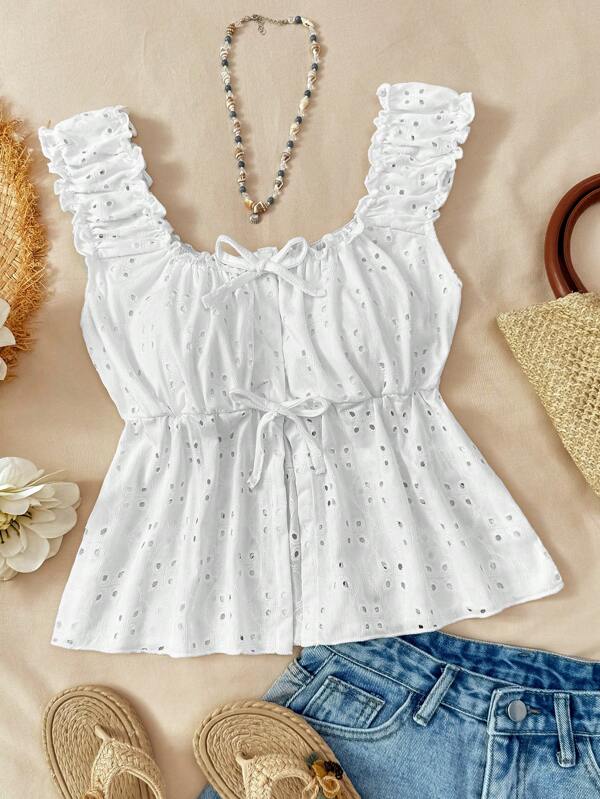 SHEIN Teen Girls Textured Knit Tie-Front Square Neck T-Shirt Top, Vacation Style/Spring & Summer  Suitable For Spring & Summer/Daily Wear With Girlfriends