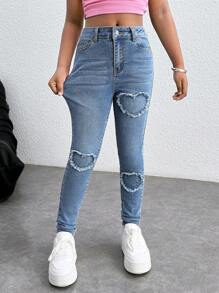 青少年女孩牛仔裤紧身弹力心形刺绣长裤弹力紧身牛仔裤牛仔裤牛仔裤紧身牛仔裤弹力牛仔裤，女孩夏季海滩波西米亚风度假短裤，夏季音乐会节日休闲狂欢装，女孩夏季早午餐教堂毕业派对装 - 淺色水洗藍 - 查看 6