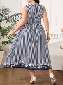 SHEIN Clasi Plus Size Striped Waisted Floral Hem Long Dress,Airport Outfit For Women ,Travel Outfit Airport ,Airport Outfit