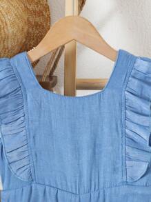 全新少女夏日度假荷叶边袖+蝴蝶结后背蓝色阔腿连体裤 - 藍色 - 查看 8