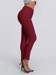 SHEIN SXY 纯色紧身纽扣门襟休闲百搭牛仔裤酒红色裤子女士红色裤子女式裤子高腰裤高腰裤 - 酒紅色 - 查看 2