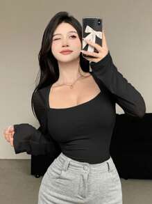 Dazy Designer Damen Mesh Kontrast Design Carree Ausschnitt Langarm T-Shirt für Ausgehen Oberteile Sommer