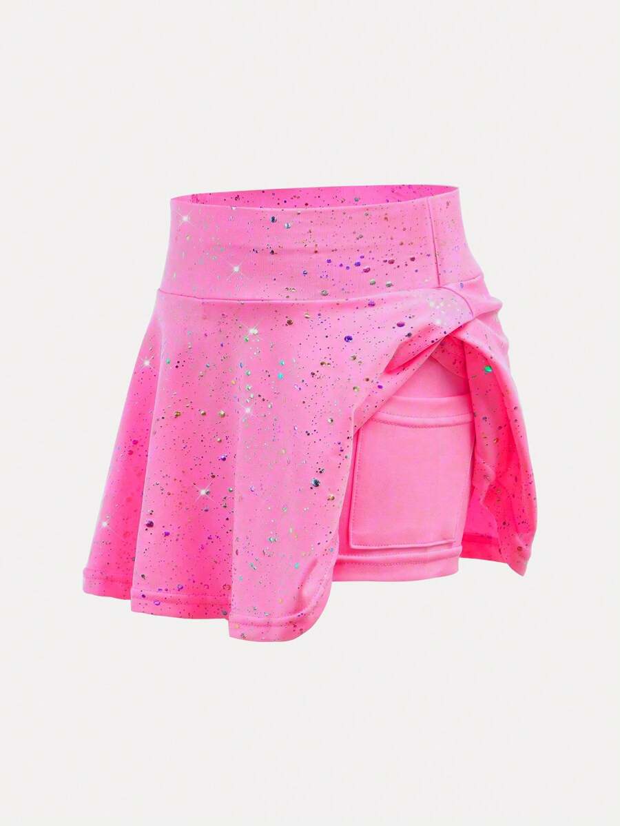 SHEIN Young Girls' Activewear Elastic Star Print Comfortable Breathable Dance/Yoga Skirt In Rose Red - Hot Pink - View 1