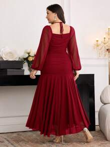 Modelyn Plus Size Elegant Plain Color Ruched Extra Long Dress - Burgundy - View 2