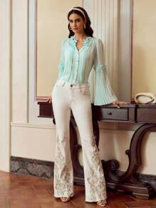 MOTF PREMIUM Women Floral Patchwork Pleated Flare Sleeve Shirt - Green - View 6