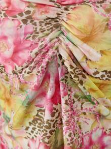 ROMWE Avant Y2K Hawaiian Resort Coconut Girl Hibiscus Print Mini Mesh Skater Dress For Women - Pink - View 4