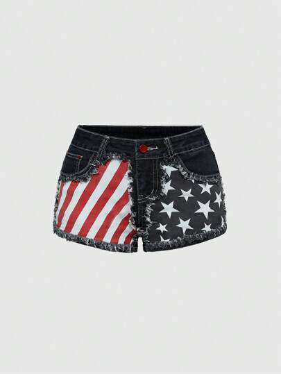 ROMWE Avant Vintage American Girl Flag Print Super Short Shorts