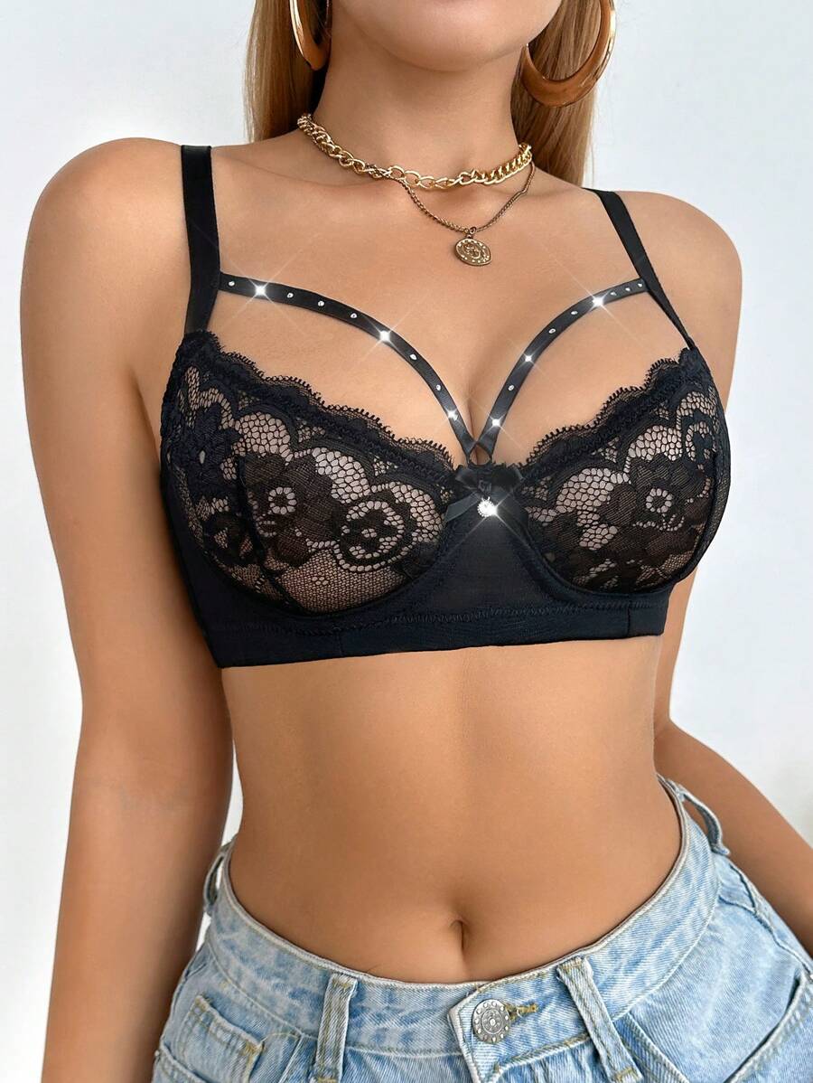 SHEIN 1 Áo ngực ren lưới hở vai gợi cảm cho nữ - màu đen - Xem 1