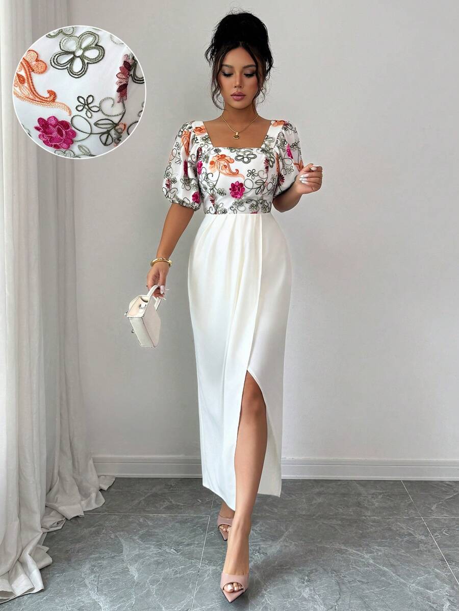 Elenzga Women's Floral Embroidery Patchwork Birthday Dress, Suitable For Wedding - Beige - View 1