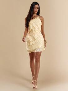SHEIN BAE Vestido mini de unicolor melocotón con hojas de loto en capas, apto para uso diario, salidas nocturnas, discotecas, fiestas, reuniones, fiestas de cóctel, fiestas de piscina, ropa de vuelta al colegio, vestidos de temporada escolar, vestidos de vacaciones, ropa de festivales de música, ropa de festivales de música country, ropa de conciertos, vestido amarillo mantequilla - Amarillo - Ver 5