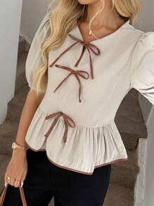 Easowa 女士休闲泡泡袖撞色蝴蝶结衬衫，日常基本款短袖上衣，春夏