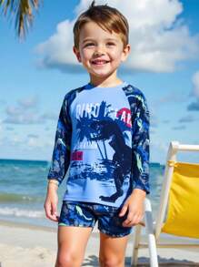 Young Boy Mandarin Collar Printed Round Neck Long Sleeve Rash Guard And Shorts Swimwear Set - Multicolor - View 3