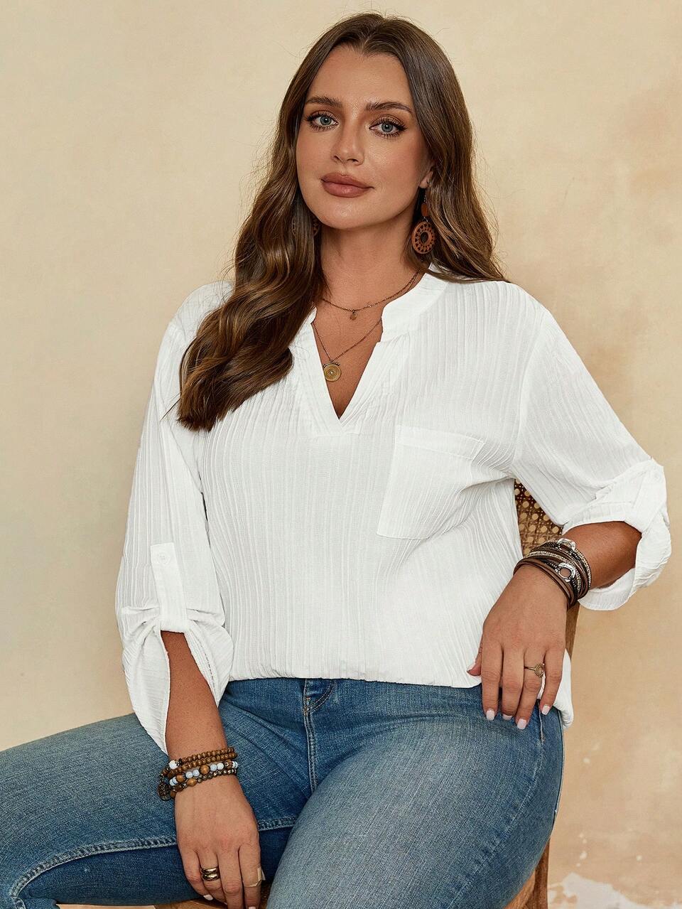 Plus Size Fall Women Vacation Casual Plain Notched Collar Patch Pocket Roll Up Sleeve Long Sleeve Casual All White Shirt Blouses Tops,Fall Women, Summer Holiday,Vacation Women,Simple And Fashionable For Everyday Wear,Vacay Vibes,Springbreak,Casual Wear SS,Bohemia