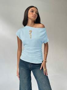 Aloruh Women's Plain Asymmetric Ruched Collar Short Sleeve Elegant Blouse, Summer - Blue - View 6